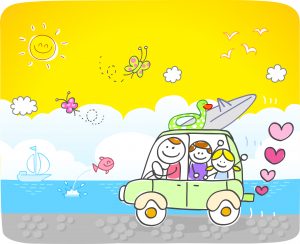 fun illustration of Mr. Mom in a car with 2 kids heading to the beach.
