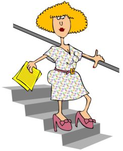 fun drawing of a woman with big hair walking down stairs to a better retirement