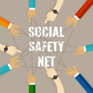 Image of hands all connected by string representing a social safety net