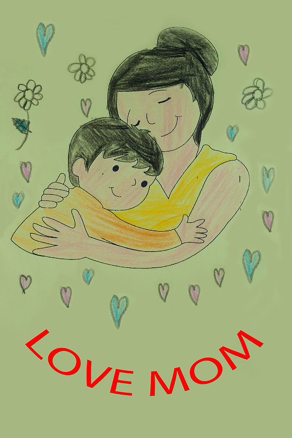 Sweet drawing of a mom and her child surrounded by flowers