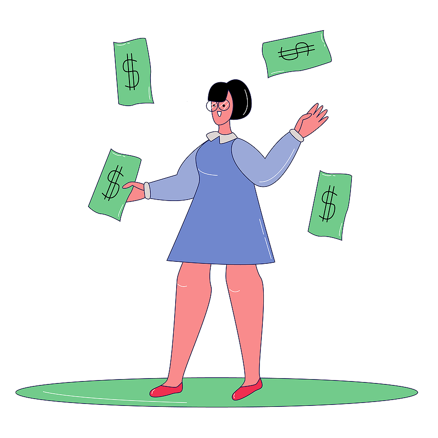 Drawing of a woman with dollar bills