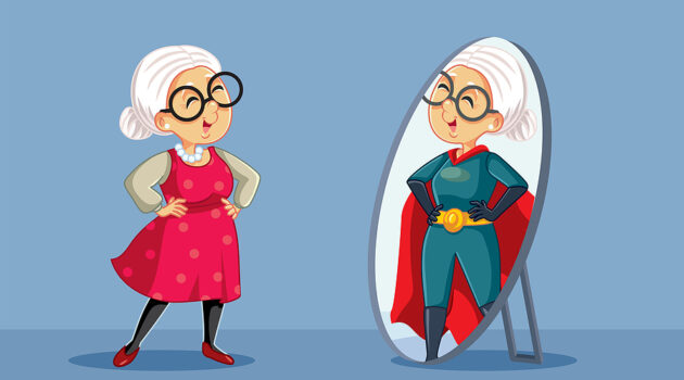 Fabulous illustration of an older women with gray hair and big glasses looking in a mirror. Her reflection is of her as a caped super hero