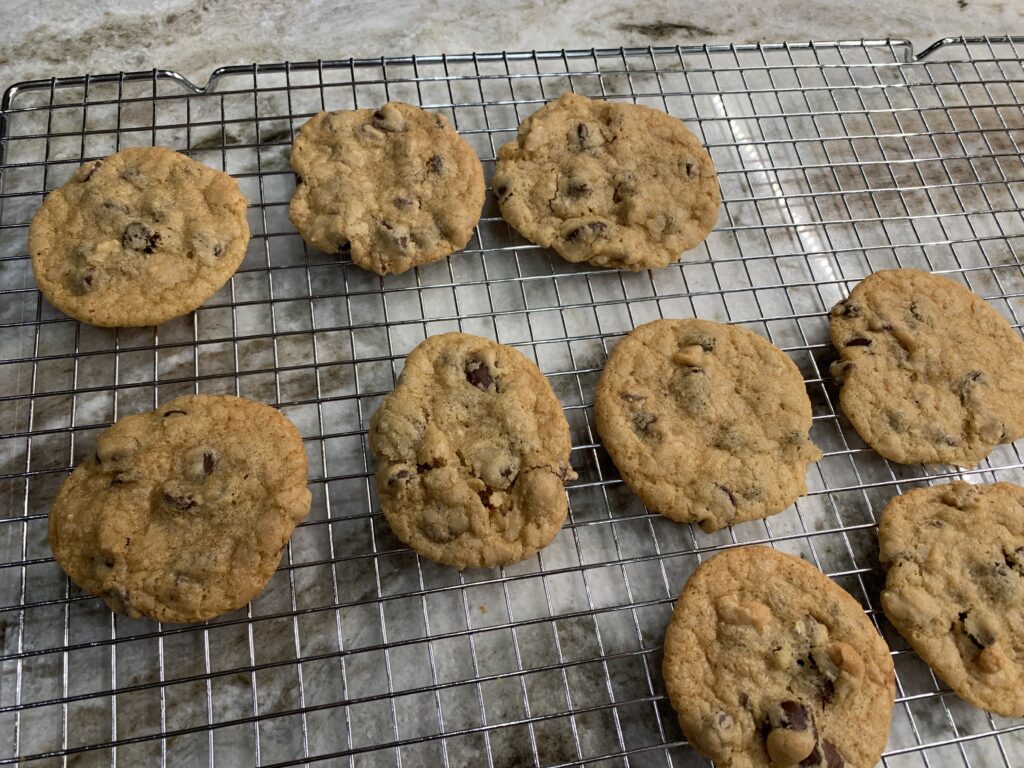 Marcia's chocolate chip cookies cooling on a rack