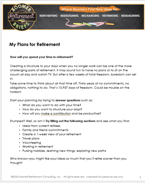 Cover page of My Plans for Retirement worksheet