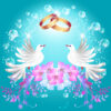 drawing of two doves on a pink flowers with wedding bands floating above