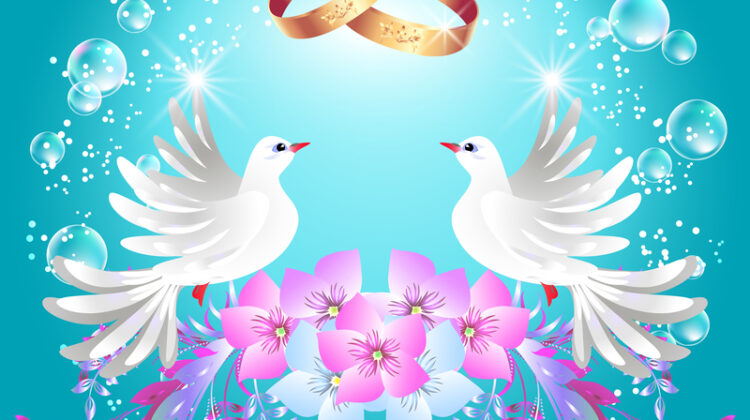 drawing of two doves on a pink flowers with wedding bands floating above