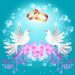drawing of two doves on a pink flowers with wedding bands floating above