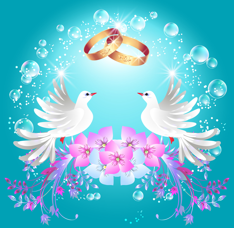drawing of two doves on a pink flowers with wedding bands floating above