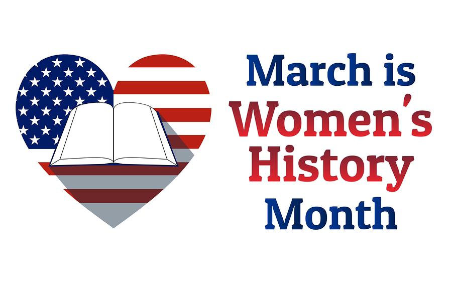 red,white, and blue heart with book and title March is Women's History Month