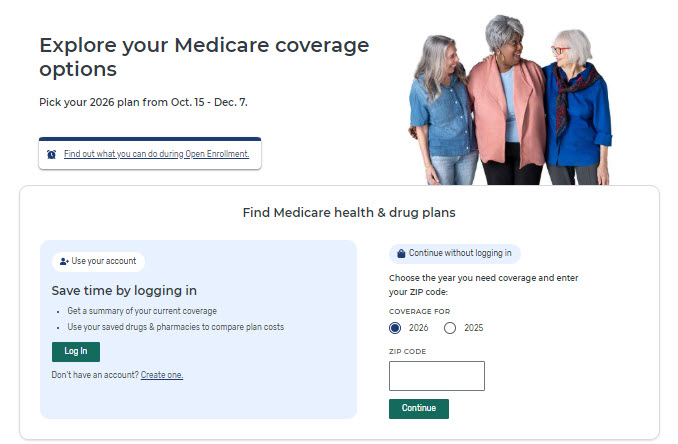 Landing page of the Medicare.gov Plan Finder to reshop Part D plans
