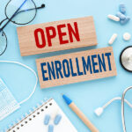 Collage of pills, eyeglasses, stethoscope, with Open Enrollment message for Medicare Part D