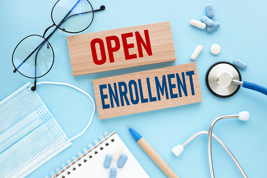 Collage of pills, eyeglasses, stethoscope, with Open Enrollment message for Medicare Part D