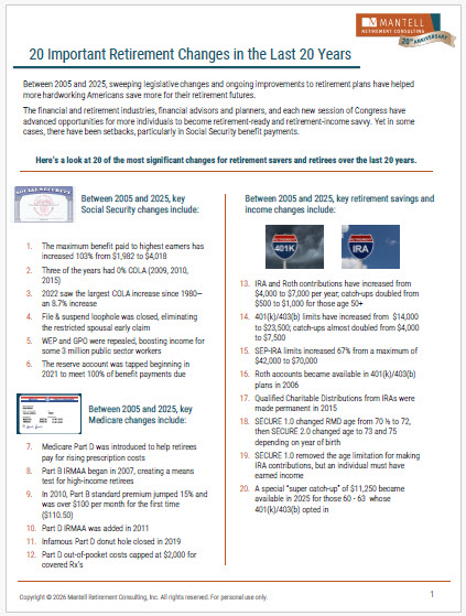Image of the 20 important retirement changes from Mantell Retirement Consulting