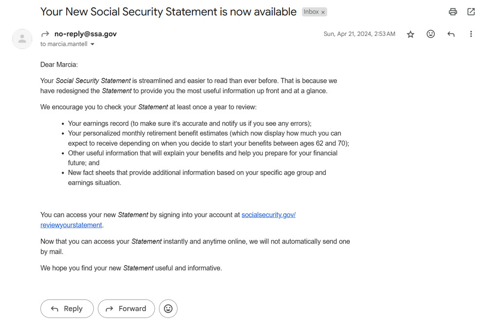 Sample email Social Security sends that looks like it could be a spam email