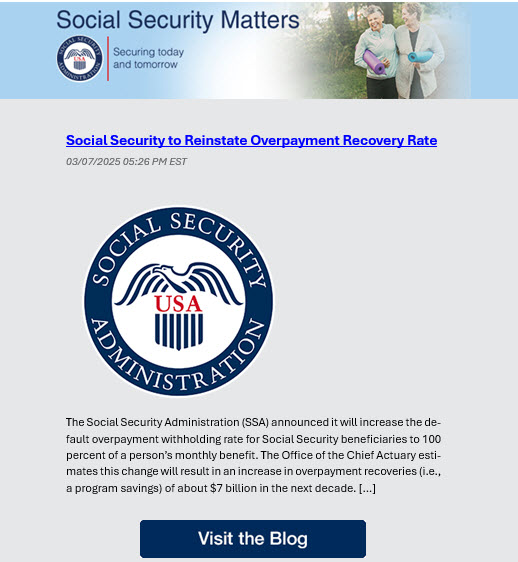 Sample Social Security email for those who subscribe to their blog