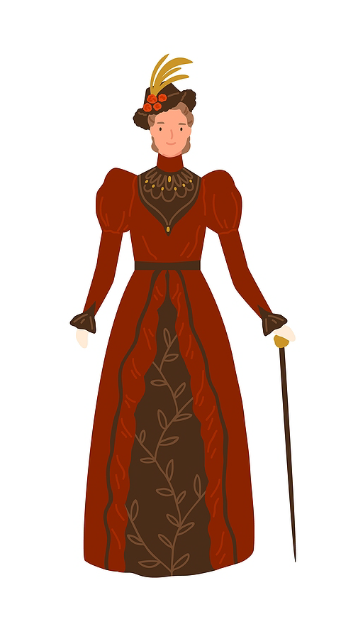 illustration of an 1890s woman in a dress and hat style of that time