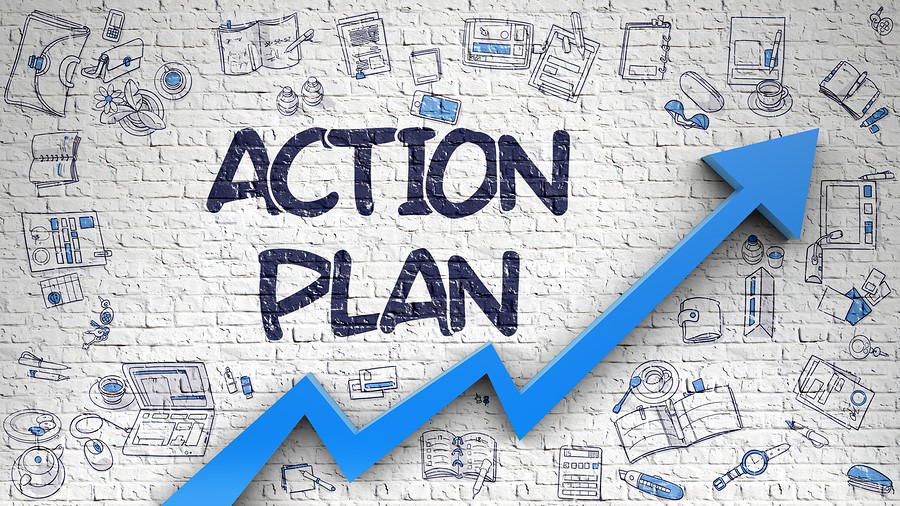 doodles on white brick wall with action plan in big letters