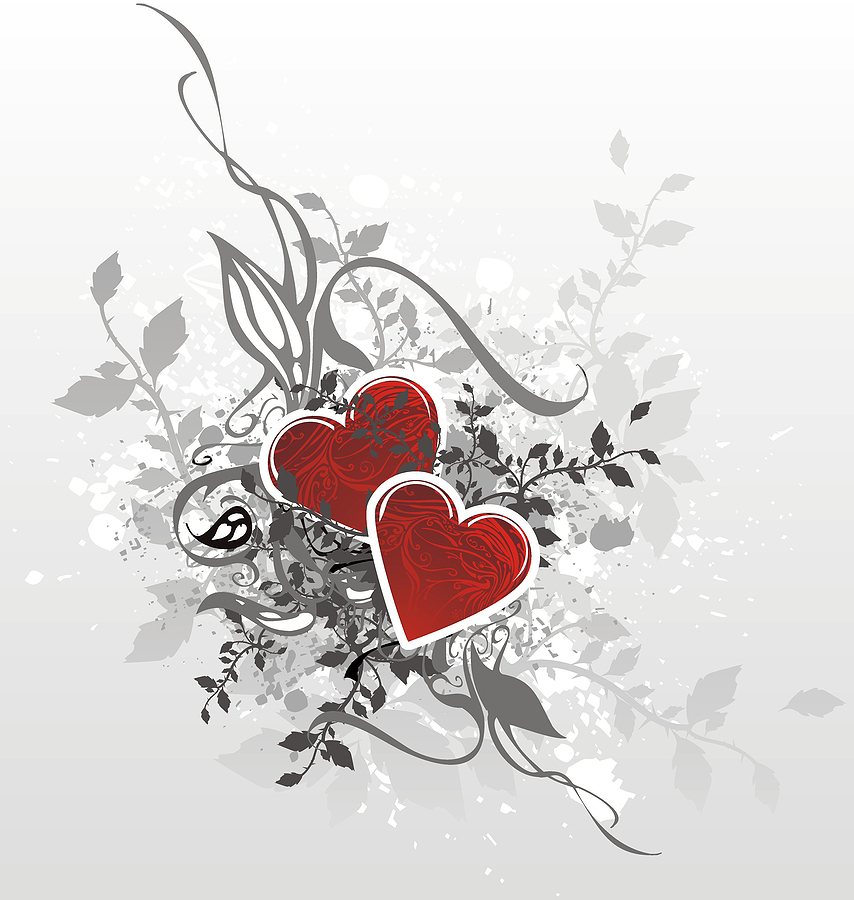 image of 2 red hearts in a graphic black, white, and gray floral background representing married couples