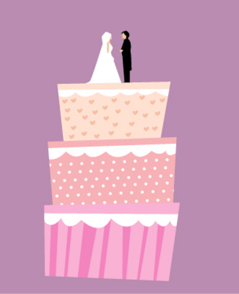 illustration of a wedding cake with different decorations on each layer