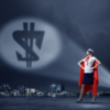 image of a women wearing a red cape and eye mask like batman with her superhero image of a dollar sign in the sky