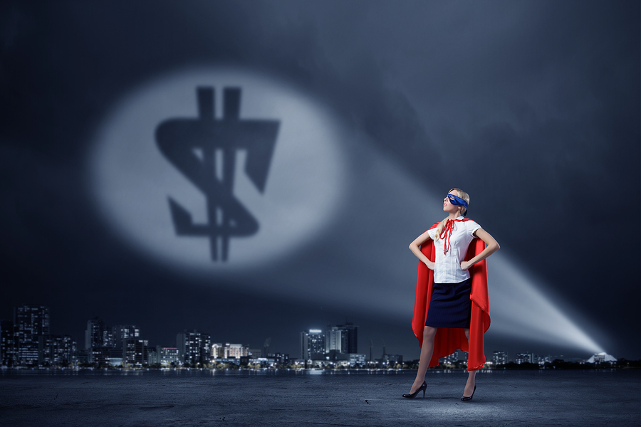image of a women wearing a red cape and eye mask like batman with her superhero image of a dollar sign in the sky