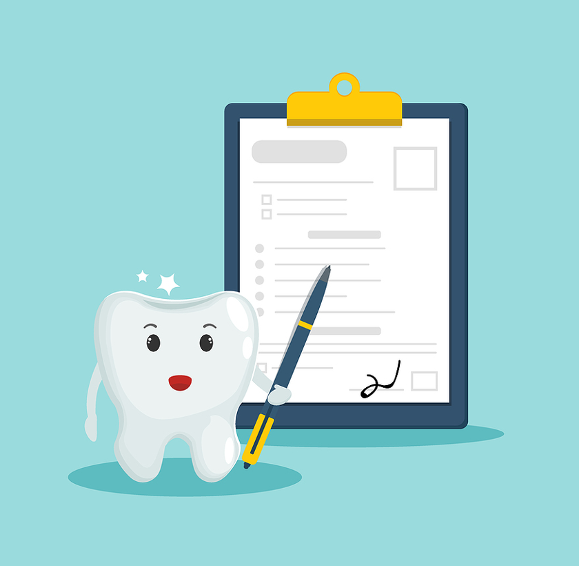 fun illustration of a tooth with a face holding a pen and filling out a dental claim form
